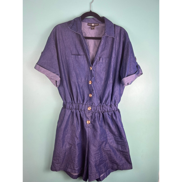 Women's Ashley Stewart Blue Denim Romper with Brown Buttons Size 12 - Picture 1 of 7